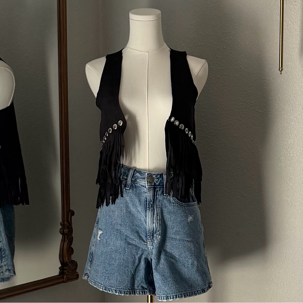 Y2K Jessica Simpson Studded Faux Suede Fringe Vest Western Boho Coastal Cowgirl